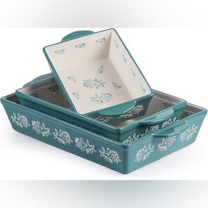 Wisenvoy Blue Green Flower Baking Dish Ceramic 3-Piece Bakeware Set